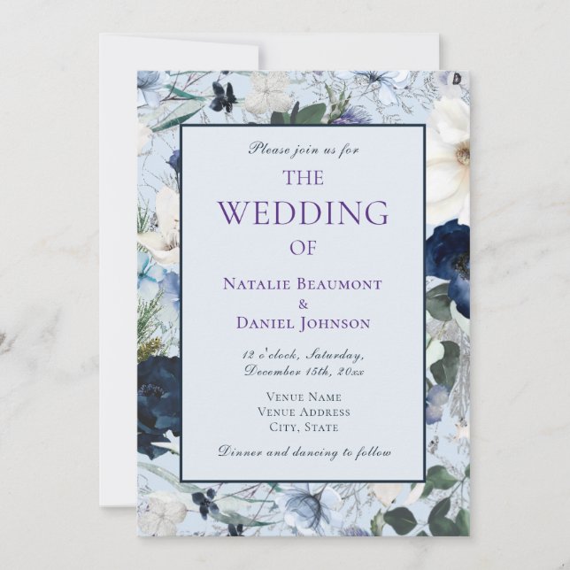 Invitación Elegante Boda Dusty Blue Floral (Anverso)