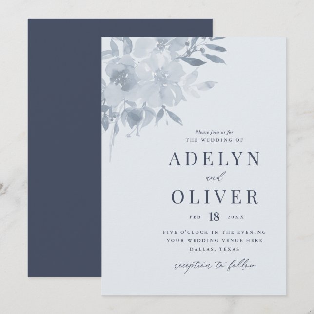 Invitación Elegante Boda Dusty Blue Floral (Anverso / Reverso)
