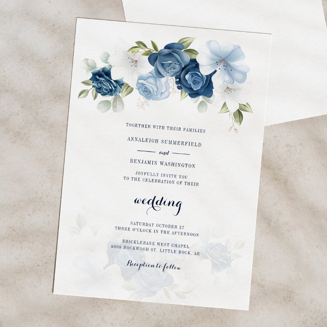 Invitación Elegante Boda Dusty Blue Floral (Floral Dusty Blue Bloom Script Wedding Invitation)