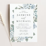 Invitación Elegante Boda Dusty Blue Floral<br><div class="desc">Elegantes invitaciones florales para bodas con detalles bodas rodeados de polvorientas rosas azules y blancas e hidrangeas con exuberantes hojas de eucalipto y vegetación. ¡Esta polvorienta invitación a una boda floral azul es perfecta para tu boda de primavera o verano!</div>