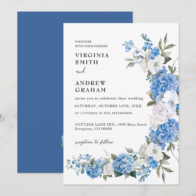 Invitación Elegante Boda Dusty Blue Floral Bow (Anverso / Reverso)