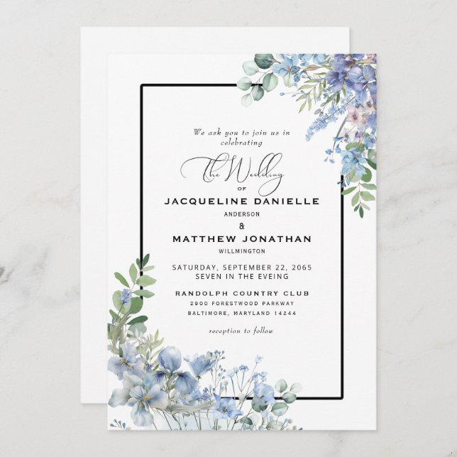 Invitación Elegante Boda Dusty Blue Floral Greeneration (Anverso / Reverso)
