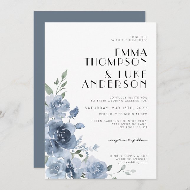 Invitación Elegante Boda Dusty Blue Floral Pastel (Anverso / Reverso)