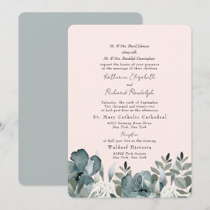 Invitación Elegante Boda Dusty Blue Floral y Rubor