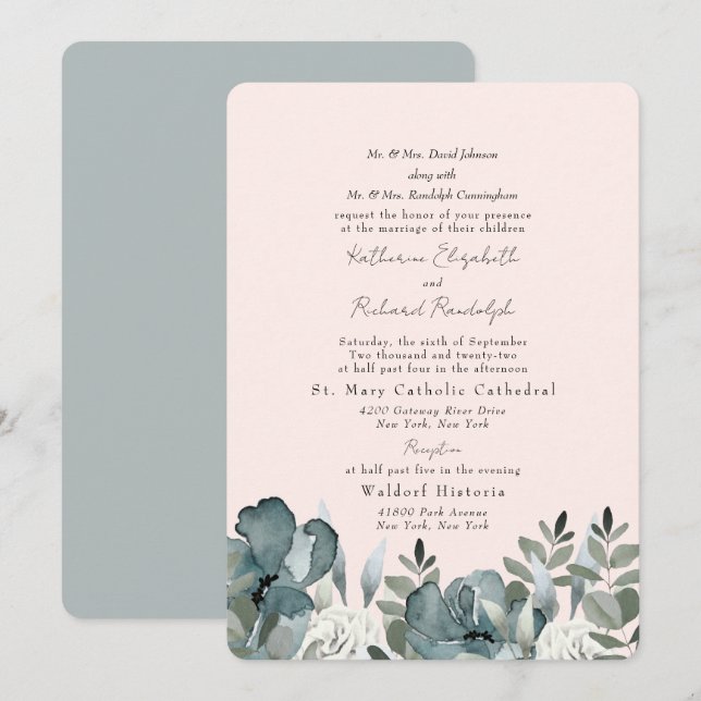 Invitación Elegante Boda Dusty Blue Floral y Rubor (Anverso / Reverso)