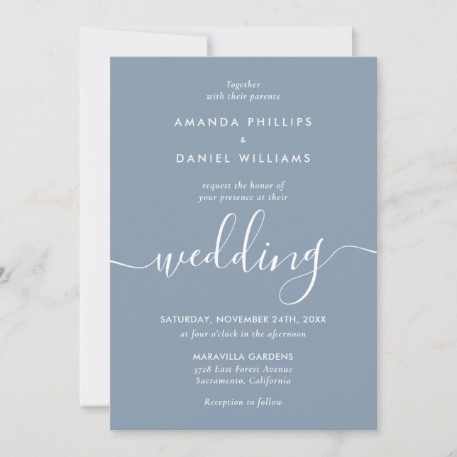 Invitación Elegante Boda Dusty Blue Modern Script (Anverso)