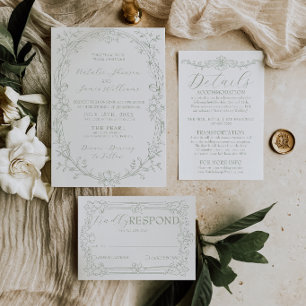 Invitación Elegante Boda Editable de Dinero Antiguo Verde Sal