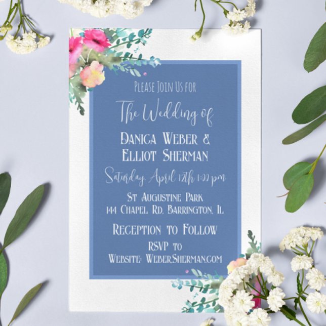 Invitación Elegante Boda Elegante Rosebud Rosa Floral Azul (Subido por el creador)