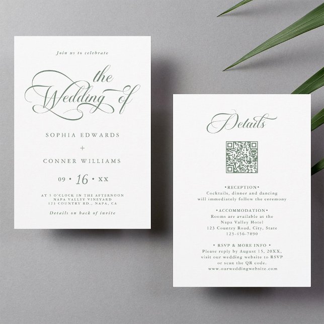 Invitación Elegante Boda elegante verde sabio todo en uno (Front & Back)