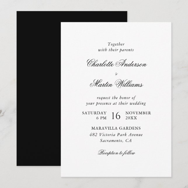 Invitación Elegante Boda en Blanco y Negro con Letra Script (Anverso / Reverso)