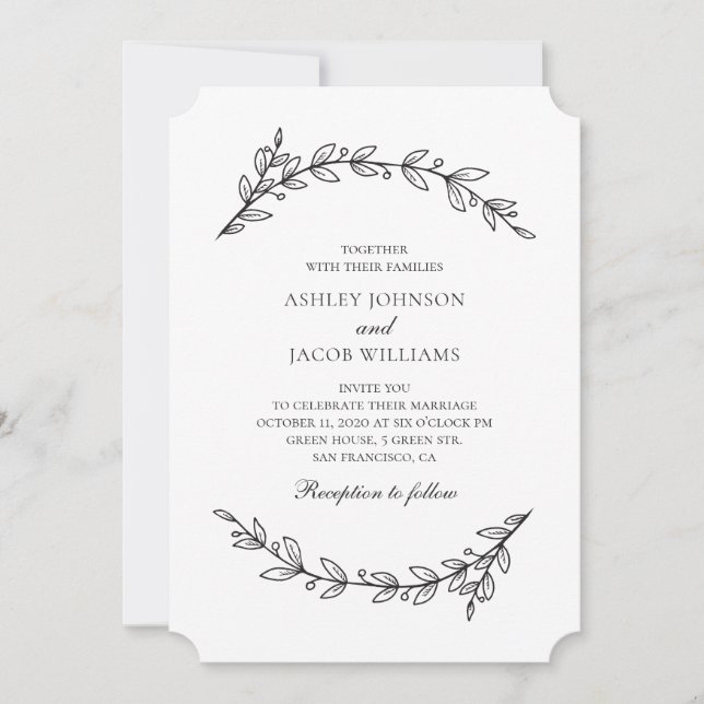 Invitación Elegante boda en el jardín. Botánica en blanco y n (Anverso)