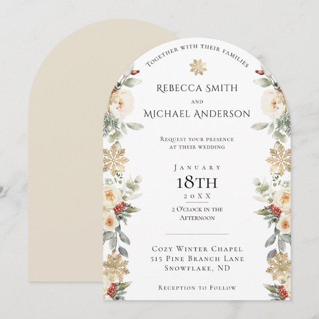 Invitación Elegante Boda en forma de arco floral invernal (Anverso / Reverso)