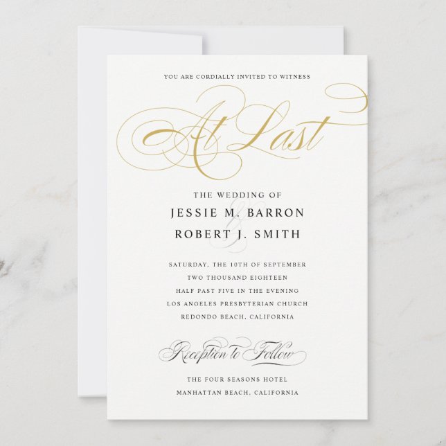 Invitación Elegante Boda En La Última Caligrafía De Oro (Anverso)