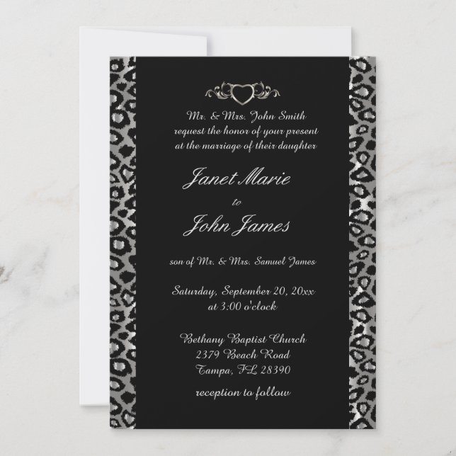 Invitación Elegante Boda en Leopardo de Plata y Negro (Anverso)
