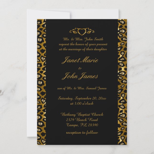 Invitación Elegante Boda en Leopardo Negro y Oro (Anverso)