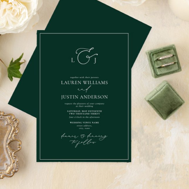 Invitación Elegante Boda en monograma de caligrafía verde esm (Subido por el creador)