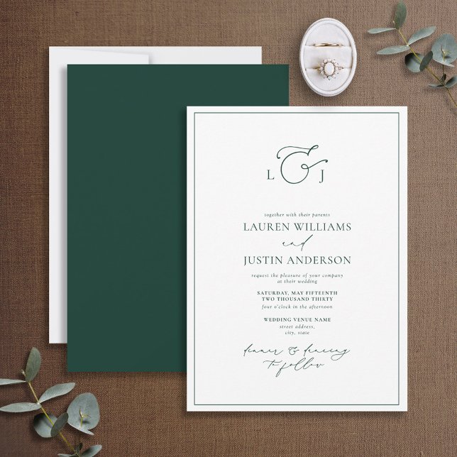 Invitación Elegante Boda en monograma de caligrafía verde esm (Subido por el creador)