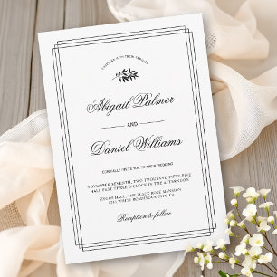 Invitación Elegante boda en negro, rama blanca y borde