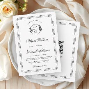 Invitación Elegante boda en negro, rama blanca y código QR