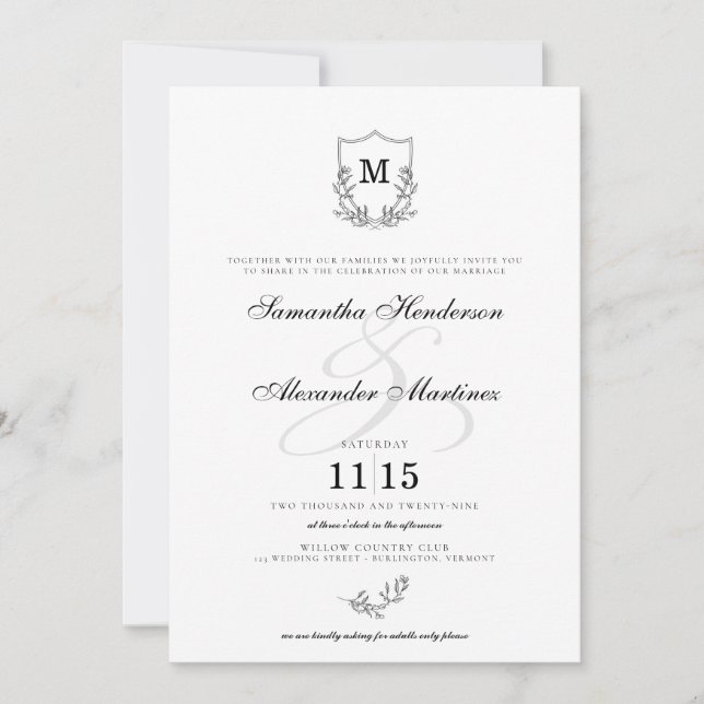 Invitación Elegante Boda Escudo blanco y negro (Anverso)