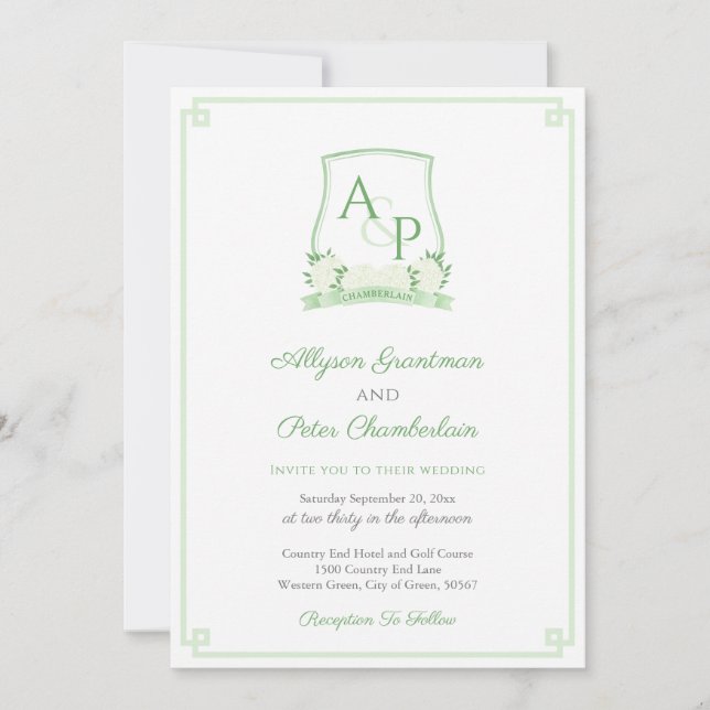 Invitación Elegante Boda Escudo Botánico Verde Y Blanco (Anverso)