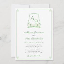 Invitación Elegante Boda Escudo Botánico Verde Y Blanco