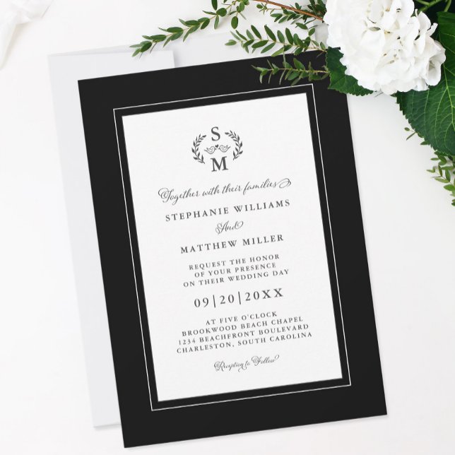 Invitación Elegante Boda Escudo de caligrafía de Black Initia (Subido por el creador)