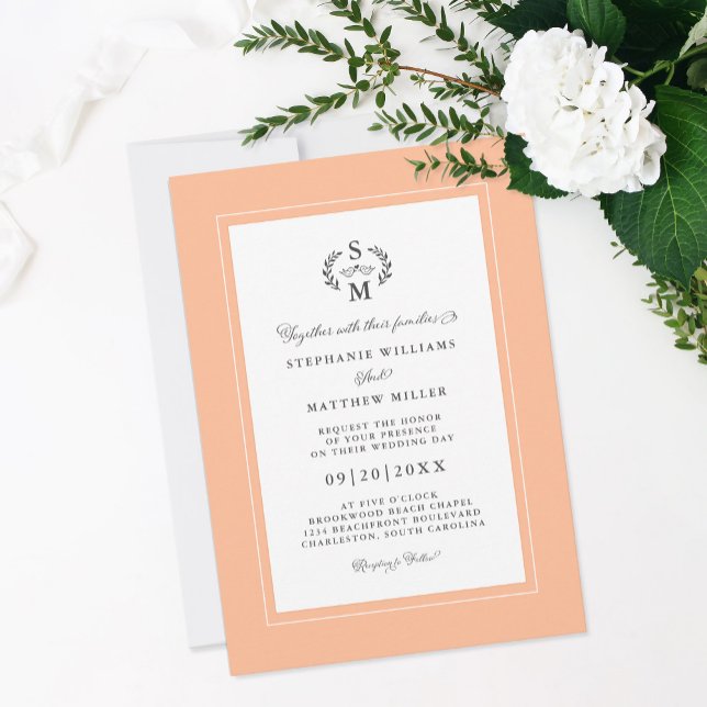 Invitación Elegante Boda Escudo de caligrafía de Iniciales de (Elegant Peach Initials Calligraphy Crest Wedding Invitation)