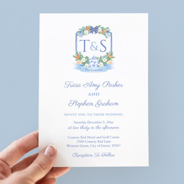 Invitación Elegante Boda Escudo de Citrus Blanco Azul (Citrus Ginger Jar Holidays Wedding Watercolor Monogram Crest Invitation)