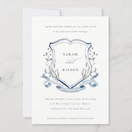 Invitación Elegante Boda Escudo de color azul de flores silve