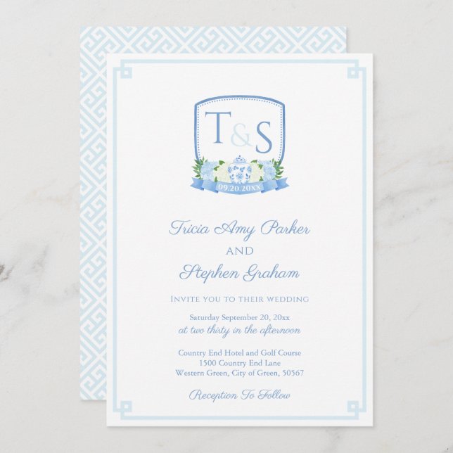 Invitación Elegante Boda Escudo De Color Azul Y Blanco (Anverso / Reverso)