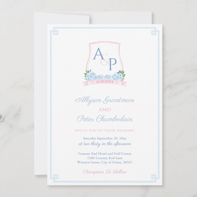 Invitación Elegante Boda Escudo De Color Rosa Y Azul (Anverso)