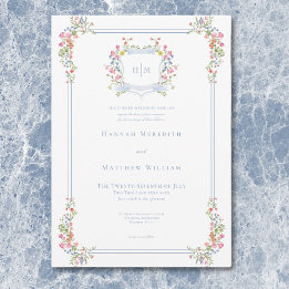 Invitación Elegante Boda Escudo de Flor Silvestre Dusty Blue