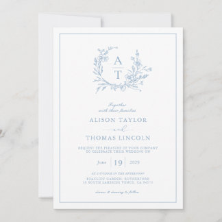 Invitación Elegante Boda Escudo de Flor Silvestre Dusty Blue