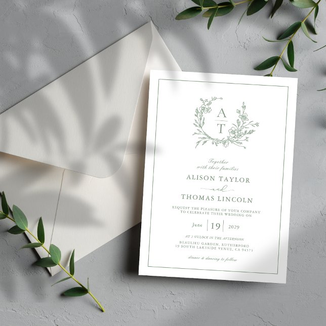 Invitación Elegante Boda Escudo de Flor Silvestre Sage Green (Subido por el creador)