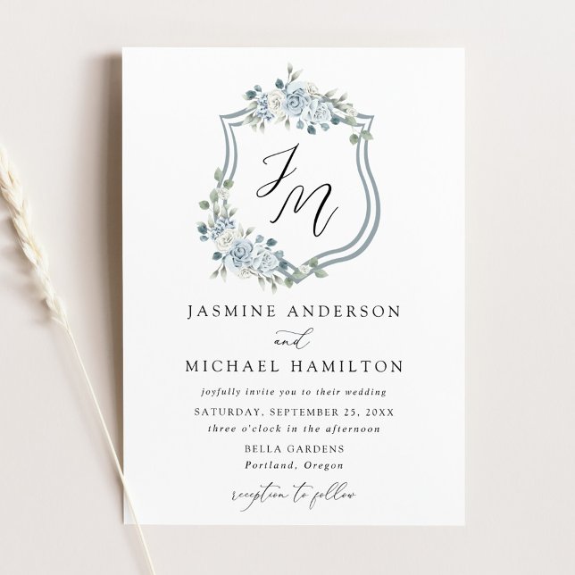 Invitación Elegante Boda Escudo de Floral Azul Dusty (Subido por el creador)