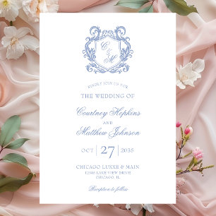 Invitación Elegante Boda Escudo de Monograma Azul Dusty