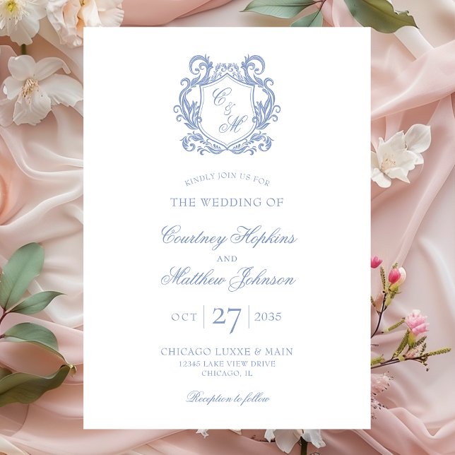 Invitación Elegante Boda Escudo de Monograma Azul Dusty (Subido por el creador)