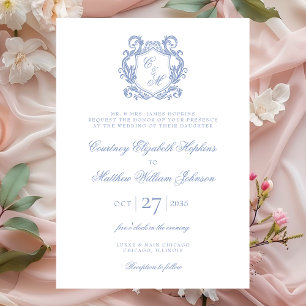 Invitación Elegante Boda Escudo de Monograma Azul Dusty