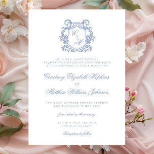 Invitación Elegante Boda Escudo de Monograma Azul Dusty