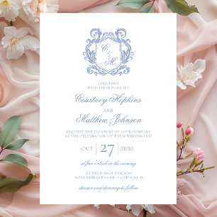Invitación Elegante Boda Escudo de Monograma Azul Dusty