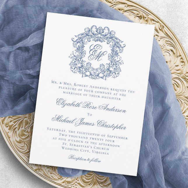 Invitación Elegante Boda Escudo de Monograma Azul Vintage (Subido por el creador)