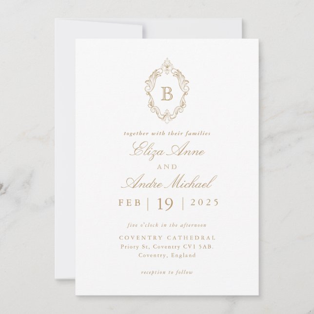 Invitación Elegante Boda Escudo de Monograma Blanco y Oro (Anverso)