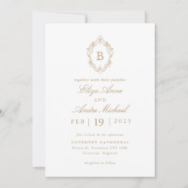 Invitación Elegante Boda Escudo de Monograma Blanco y Oro