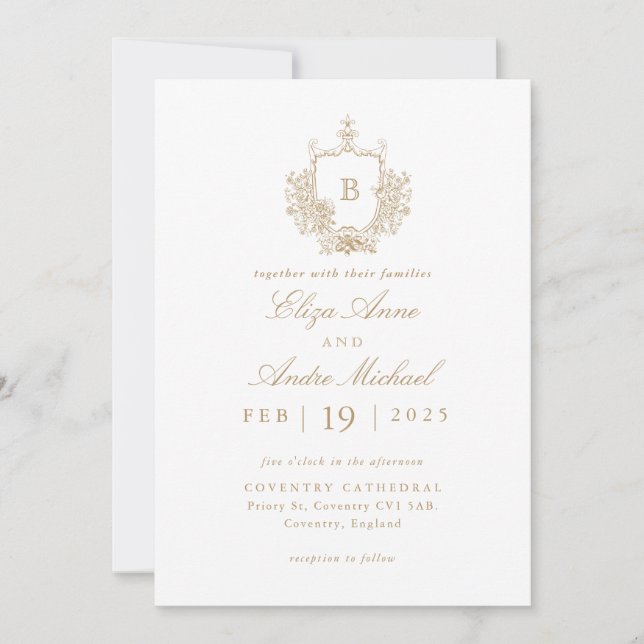 Invitación Elegante Boda Escudo de Monograma Blanco y Oro (Anverso)