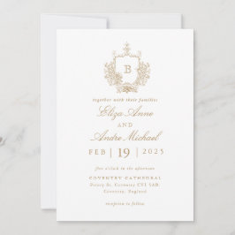 Invitación Elegante Boda Escudo de Monograma Blanco y Oro