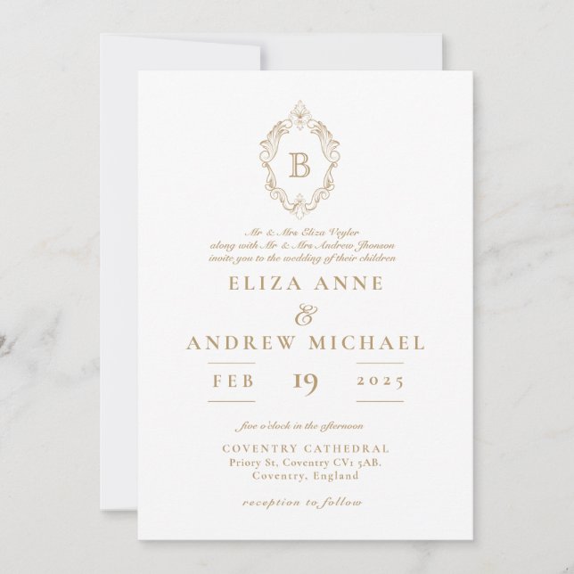 Invitación Elegante Boda Escudo de Monograma Blanco y Oro (Anverso)