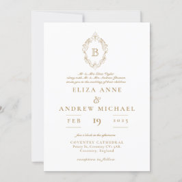 Invitación Elegante Boda Escudo de Monograma Blanco y Oro