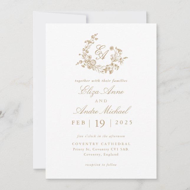 Invitación Elegante Boda Escudo de Monograma Blanco y Oro (Anverso)