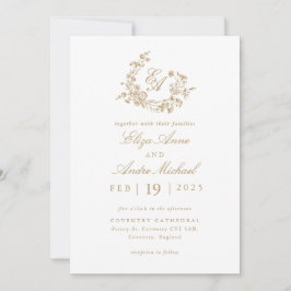 Invitación Elegante Boda Escudo de Monograma Blanco y Oro